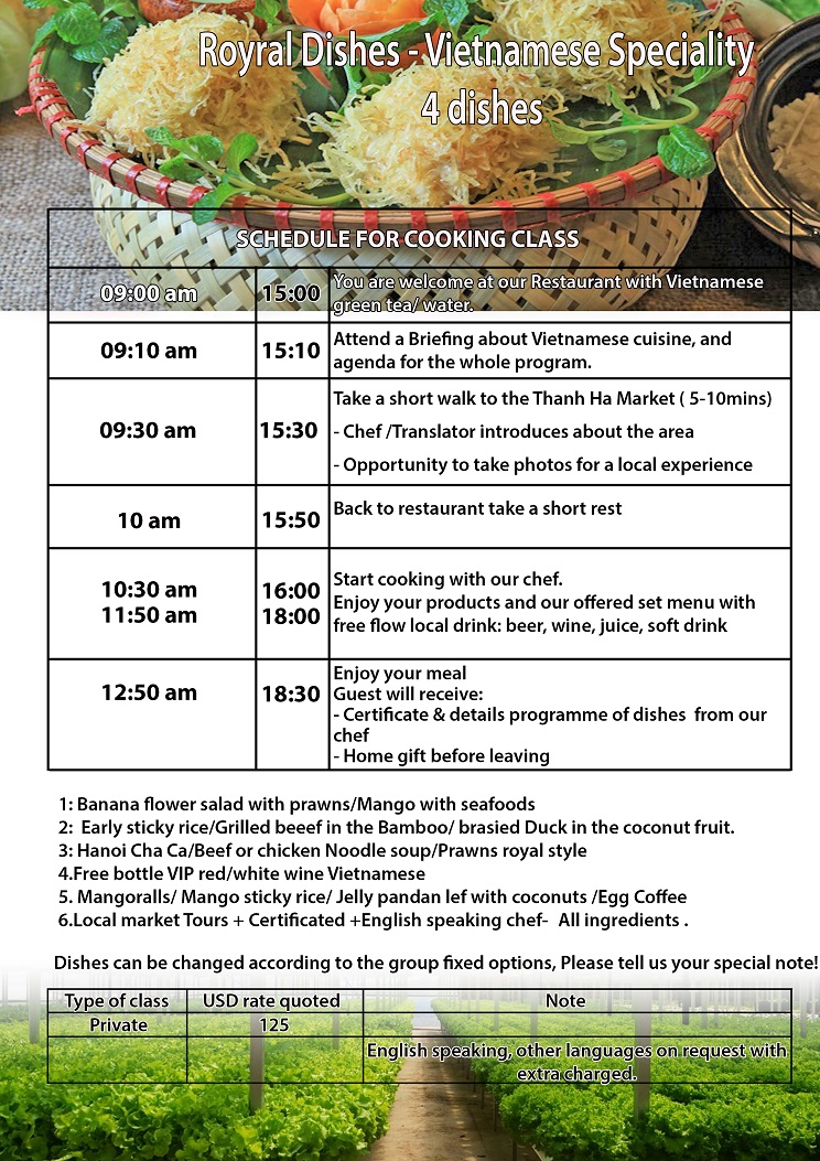 hanoi cookingclass royal way 4 mon 125usd